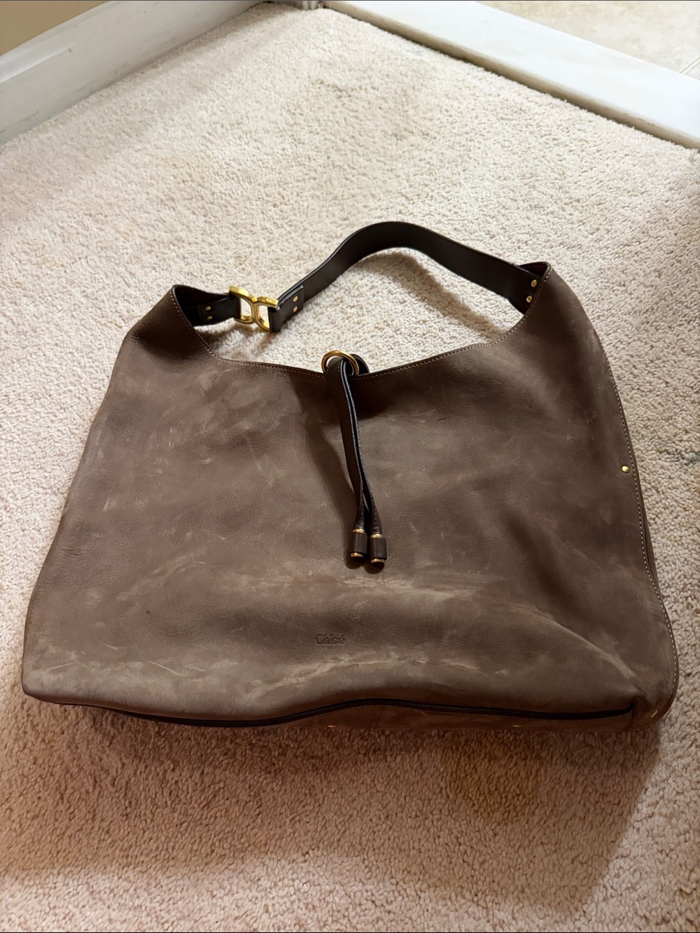 Chloe Taupe Leather Drawstring Shoulder Bag